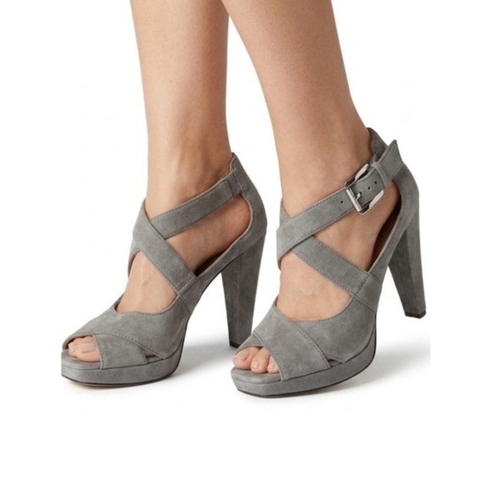 Michael Kors Platform Heels Grey Suede Strappy Crisscross Peep Toe 7M